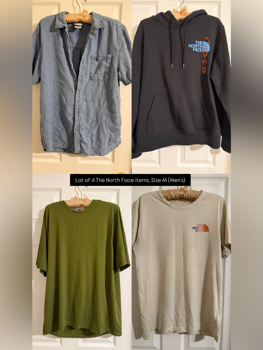 The North Face Black Hoodie, Olive Green Tee, Beige Tee & Light Blue Shirt Set